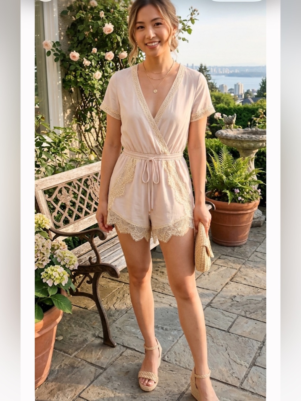 Elegant Cream Lace Trim Romper size S